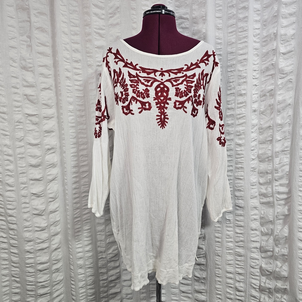 Soft Surroundings White Tunic with Red Embroidered Yoke and Sleeves